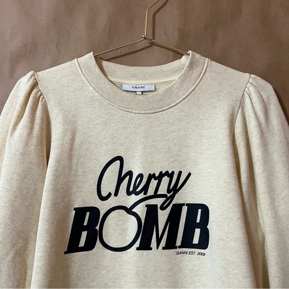 Ganni | Lott Isoli Cherry Bomb Puff Sleeve Sweatshirt Graphic Pullover Size L - Picture 4 of 14